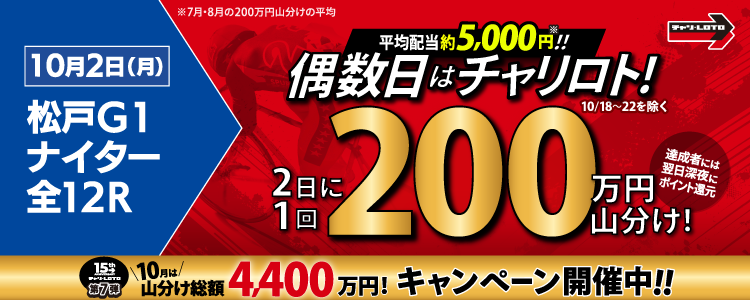 【偶数日は200万山分け！】 10/2（月）は松戸G1ナイター・全Rが対象！払戻金額20,000円達成者で200万円を山分け！〈15周年キャンペーン第7弾〉