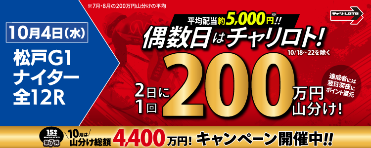 【偶数日は200万山分け！】 10/4（水）は松戸G1ナイター・全Rが対象！払戻金額20,000円達成者で200万円を山分け！〈15周年キャンペーン第7弾〉