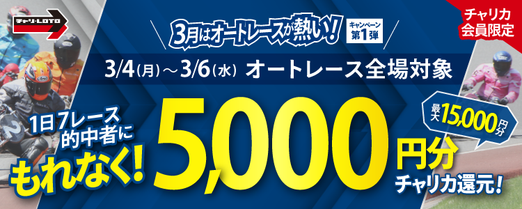 【最大15,000円分！】3/4～3/6開催のオートレース3連単を1日7レース的中で、もれなく5,000円還元！"