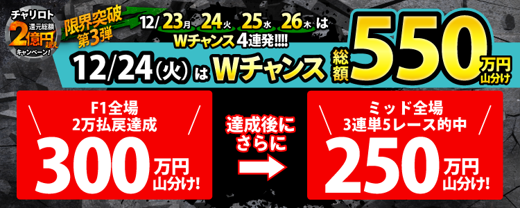 【総額550万!】12/24(火)はWチャンス!F1全場で300万山分け!達成者でさらに250万山分け!