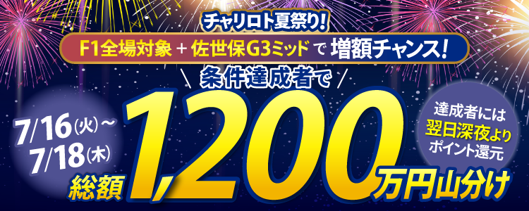 F1全場で200万円山分け!さらに条件達成者で佐世保G3ミッドで200万円山分け!