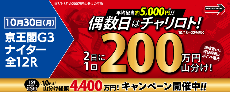 【偶数日は200万山分け!】 10/30(月)は京王閣G3ナイター・全Rが対象!払戻金額20,000円達成者で200万円を山分け!〈15周年キャンペーン第7弾〉