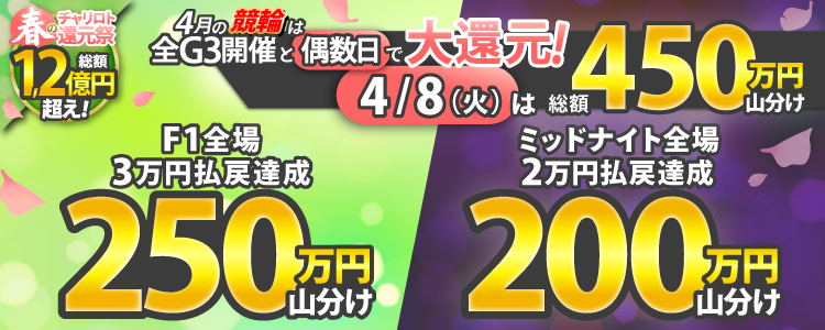 【総額450万!】4/8(火)はF1全場とミッド全場でそれぞれ大還元!