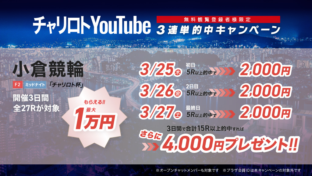 【YouTube無料観覧登録者限定】小倉競輪F2ミッドナイト3連単的中キャンペーン!